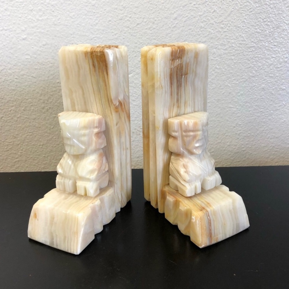 Vintage Beige Tan Onyx Crystal Stone Marble Book Ends